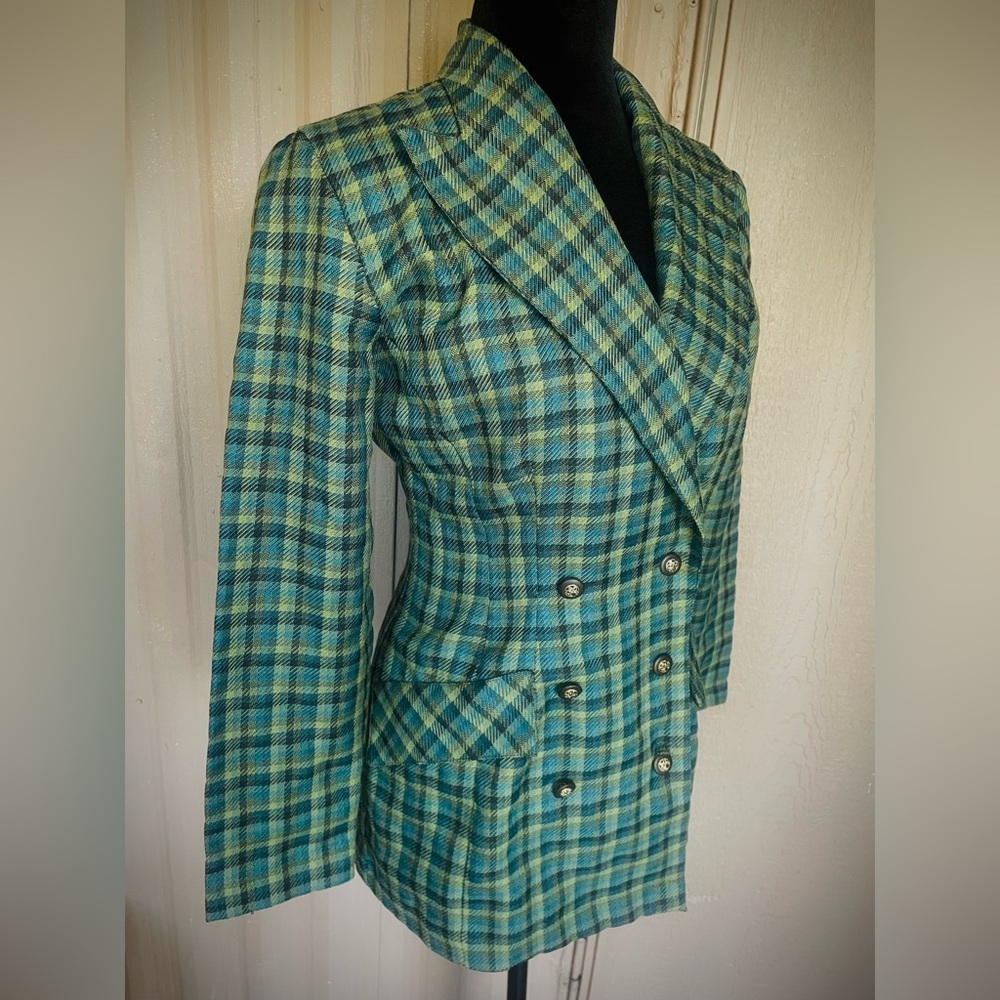 VTG Green Celtic Plaid Blazer Academia Jacket Womens Longline Hourglass sz 3 USA